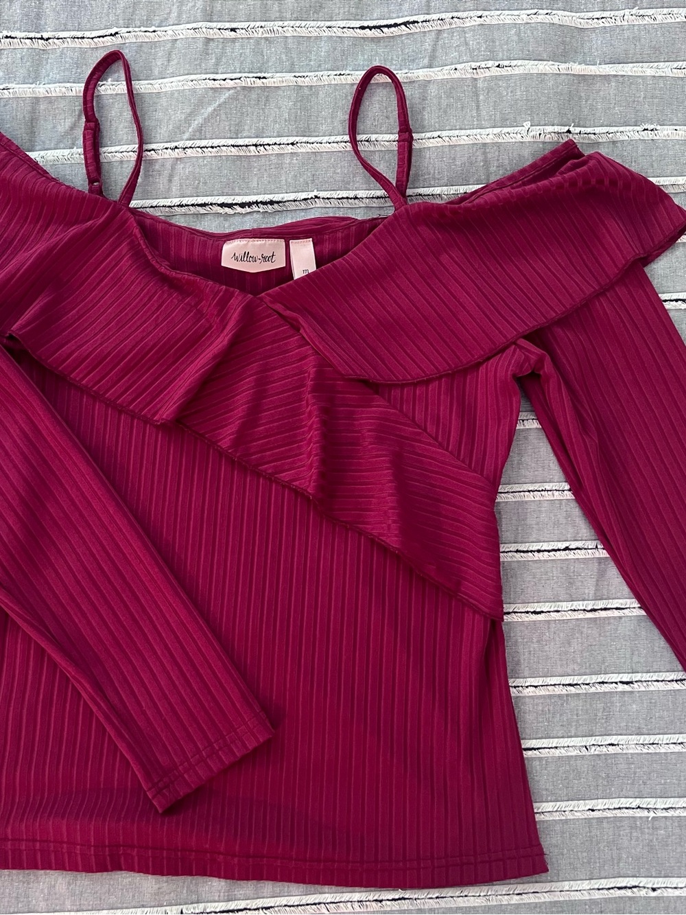 Off-Shoulder Ruffle Ribbed Long-Sleeve Top - Berry - Picture 1 of 3